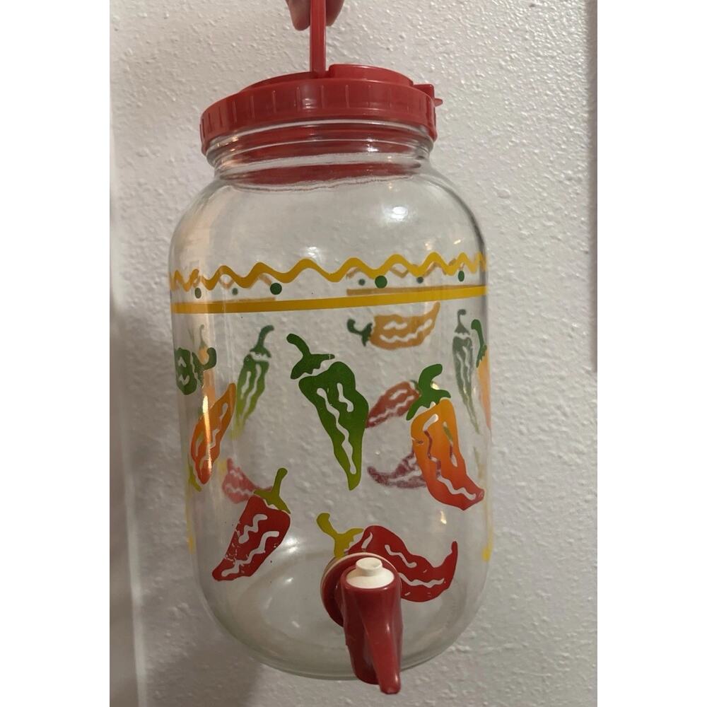 Vintage Sun Tea 1 Gallon Glass Jar Red Pepper W/Spigot and Spout & Handle in Lid - Picture 7 of 8